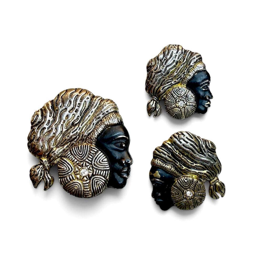 Vintage Nubian African Queen Statement Brooch Post Earrings Costume Jewelry Set